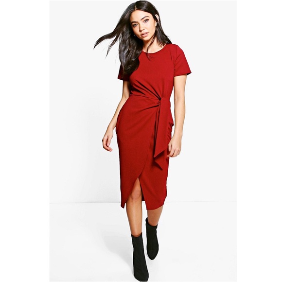 EUC Boohoo Lottie Tie Scuba Midi Dress 4 - Picture 1 of 4